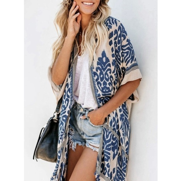 New Navy Blue Kimono Swimsuit Beach Summer Cover Swimwear Cardigan Dress boho - Picture 1 of 8